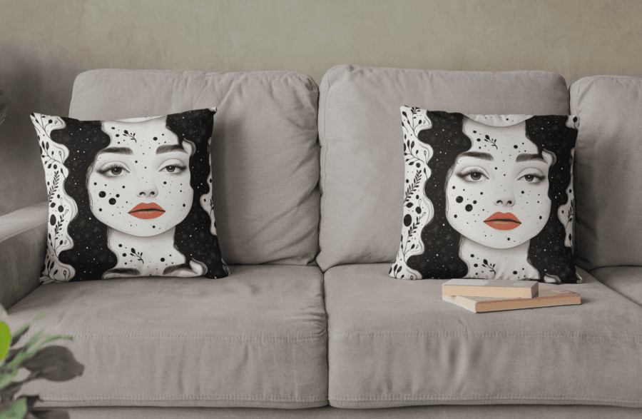 Cosmic Face Pillow – Abstract Black & White Celestial Decor - Image 4