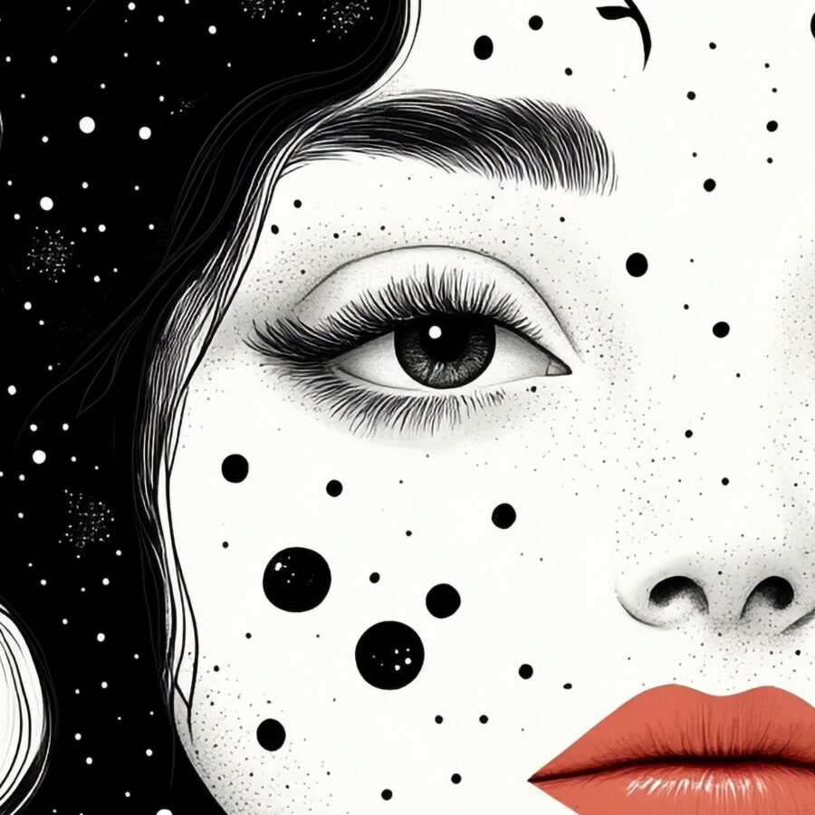 Cosmic Face Pillow – Abstract Black & White Celestial Decor - Image 3